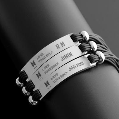 China Environmentally Friendly Hot Sale Idol Bracelet Silicone Rope Stainless Steel BTS Inscription Bracelet for sale