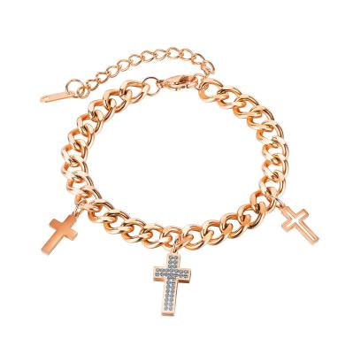 China Wholesale Environmentally Friendly Stainless Steel Cross Rose Gold Multi Pendant Diamond Thick Chain Bracelet for sale