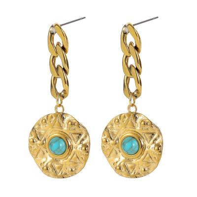 China New 2021 High Quality Style Stainless Steel Ethnic Geometric Turquoise Round Chain Earrings for sale