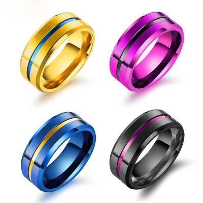 China New High Quality Simple Men's Ring Streamline Groove Stainless Steel Shiny Purple Blue Black Geometric Rings for sale