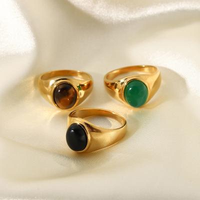 China Gorgeous Titanium Steel High Quality 18k Gold Plated Oval Emerald Green Black Amber Tiger Eye Rings Engagement Jewelry for sale