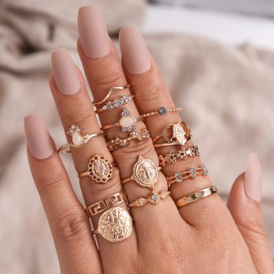 China Retro Geometric Hollow Diamond Heart Ring Coin Set Environmentally Friendly Woman Pattern Jewelry 15pcs for sale