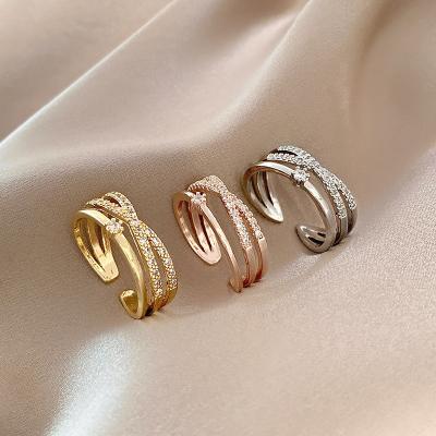 China High Quality 3 Colors Copper Gold Plated Zircon Opening Adjustable Cross Diamond Wedding Rings For Women for sale