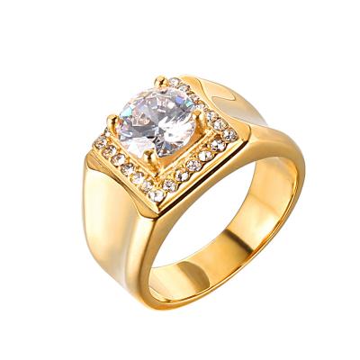 China High Quality Businessman Stainless Steel Gold Plated Non-fading High Polished One Carat Zircon Diamond Rings for sale