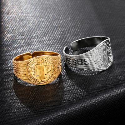 China High Quality Fashion Religious Jewelry Opening Stainless Steel Adjustable Gold Plated Catholic Saint Benedict Rings for sale