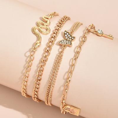 China Custom Animal Lead Free Nickel Free Diamond Rhinestone Snake Butterfly Bracelet Anklet Chain 4pcs Fashion Chain Set for sale