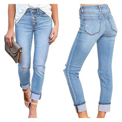 China QUICK DRY Factory Supply Hole Skinny Full Length Jeans Women Low Price for sale