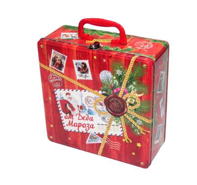 China Popular Recyclable Christmas Gift Tins Away Paper Suitcase Handle Metal Tin Box For Gift Tin Can for sale