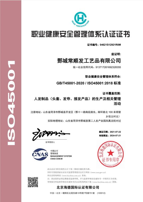 ISO 45001 - Juancheng Changshunfa Crafts Co., Ltd.