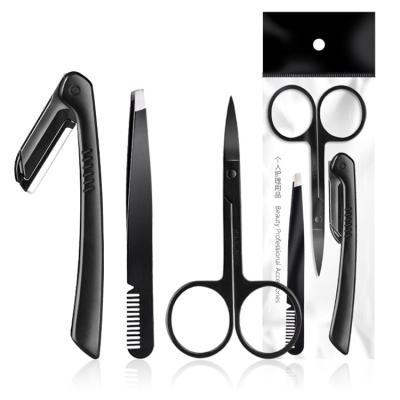 China Durable Professional Eyelash Trimmer Scissors Shape Black 3 Piece Eyebrow Scissor Razor Eye Tools Whip Tweezers Eyebrow Tweezers Set for sale