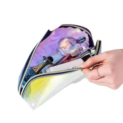 China Customized PVC Personality Laser Personality Makeup Laser Brush Waterproof Zipper Snap Bag Durable Transparent Holographic Cosmetic Bag for sale