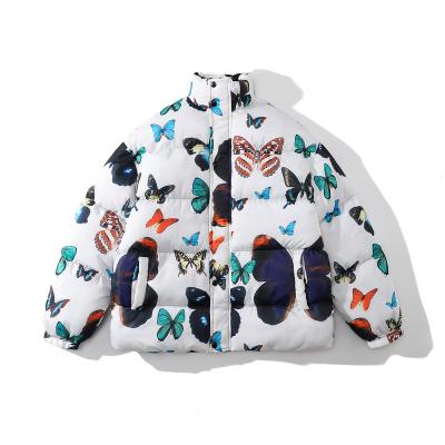 China Butterfly Printed Hip Hop Stand Collar Oversized Jackets Anti-wrinkle Mens Cotton Jackets Windproof for sale