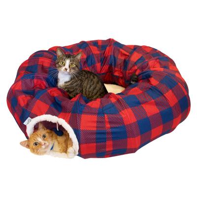 China Amazon Plush Plaid Stocked Hot Selling Model Large Cat Tunnel 2 in 1 Cat Bed and Funny Interactive Noise Cat Toy for sale