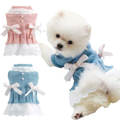 China New Arrival High Quality Soft Baby Girl Stocked Young Clothes Knitted Sweaters Dress With Bow And Pearl Design For Dog Puppy for sale