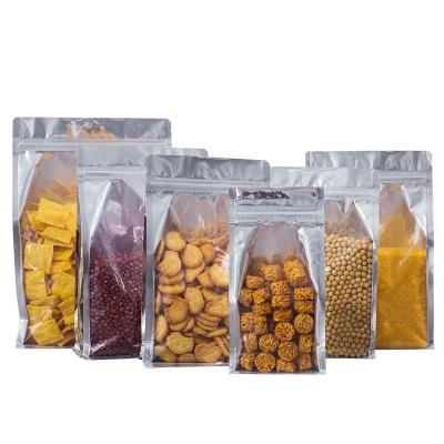 China Recyclable Frame / Silver Mylar Foil Holder Up Flat Bottom Food Pouch With Zip Seal And Tear Notch for sale