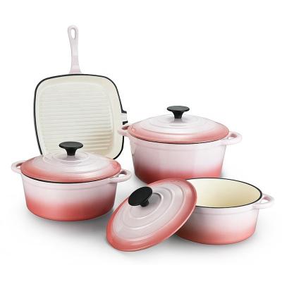 China Sustainable Hot Selling Rose Cast Iron Kitchenware Cooking Nonstick Enamel Cookware Sets Manufacturer for sale