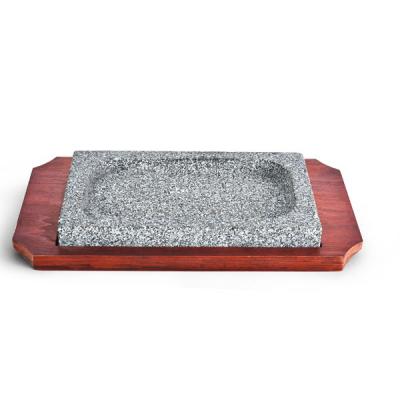 China 2020 Sustainable Hot Sale Natural Stone Rectangle Granite Stone Pan Korean Dish With Wooden Base Cookware for sale