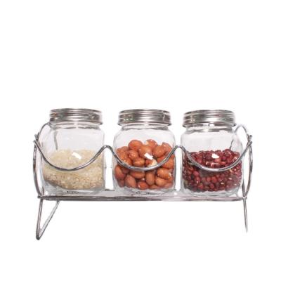 China Viable Factory Wholesale 3pcs Glass Spice Jar Set With Metal Stand for sale