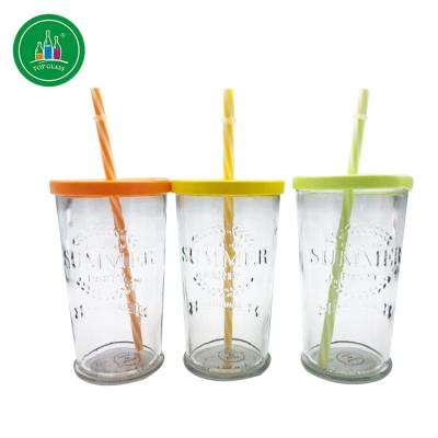 China Clear 600ML Viable Mason Jar With Lid Drinking Glass With Straws for sale