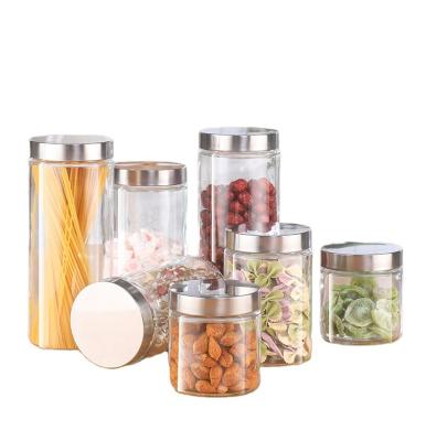 China Factory wholesale freshness preservation glass canister set with stainless steel lid kitchen storage glass jars metal lid for sale