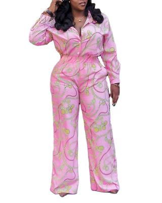 China 2021 QUICK DRY new long sleeve pattern print turn-down collar jumpsuit for women plus size loungewear for sale