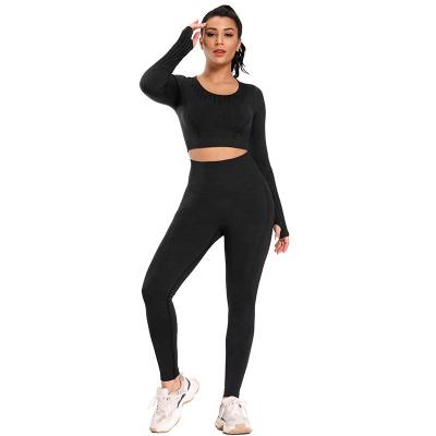 China Breathable Indoor Gym Women Workout Quick Dry Yoga Set Long Sleeve Leggings Premium Quality O-Neck Yoga Tops for sale