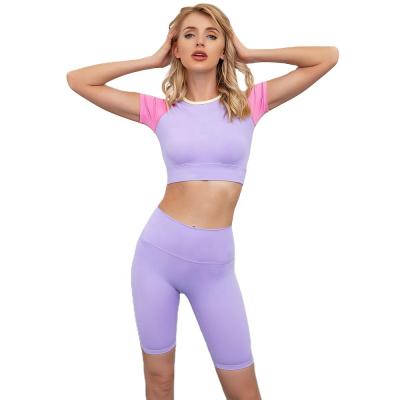 China Candy Color Breathable Yoga Sets High Waisted Biker Shorts Yoga Pants With T Shirt Crop Top Women Yoga Sets for sale