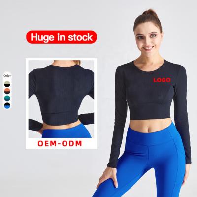 China Breathable OEM Embossed Process Long Sleeves Tops For Women Ribbed Fitness Crop Tops Round Neck Tops for sale