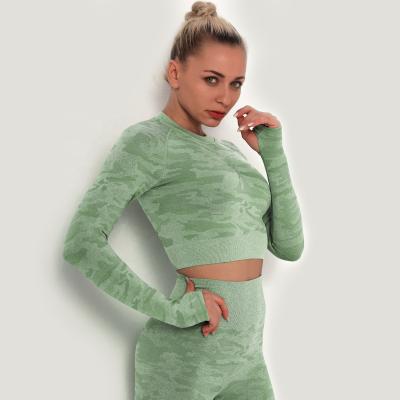 China Breathable Cavity Out Back Crop Tops Thumb Holes Camouflage Round Tops Front Runched Neck Tops for sale