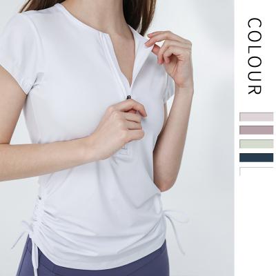 China New Half Zipper Anti-wrinkle 2021 Workout T-shirt Side Running Drawstring Quick Dry Women's Clothing for sale