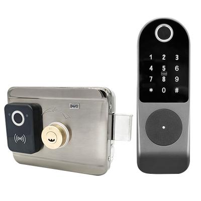 China High Quality 12V Security Stainless Steel Tuya WiFi Smart Home Metal Door Fingerprint Residential Electronic Door Rim Lock for sale