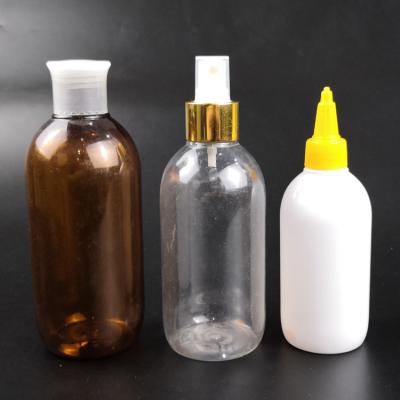 China Hot Selling PET Cosmetic 300ml 250ml 150ml Transparent Or White Brown Plastic Round Bottle For Body Lotion/Hair Shampoo Wash Bottles for sale