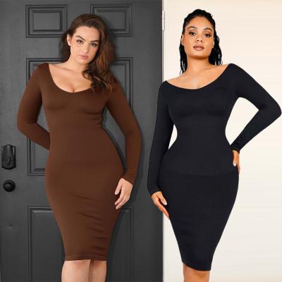 China 2023 Autumn Sexy Long Sleeve Women Seamless Shapewear Midi Bodycon Dress XS/S-3XL/4XL for sale