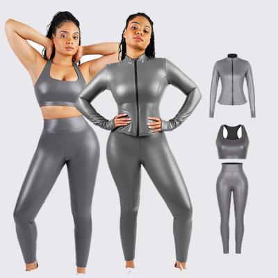 China Women 3 Pieces Sauna Sweat Sets Sport Tops Yoga Sports Pants And Bra With Removable Cups for sale