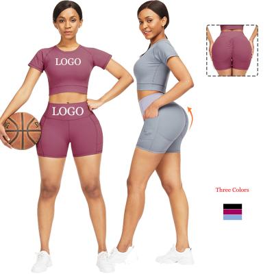 China Plus Size HEXIN Style Womens Two Piece Yoga Outfits Ruched Crop Tops Shorts Activewear for sale