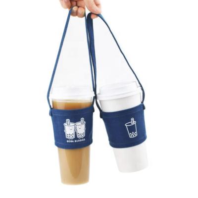 China Custom Tote Handle Portable Drink Bubble Tea Beverage Holder Cloth Single Sleeve Canvas Handled Reusable Tote Bags No Minimum for sale