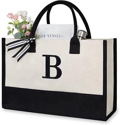 China Custom Monogrammed Gift Handled Initial Beach Bag Cotton Canvas Tote Bag For Women for sale