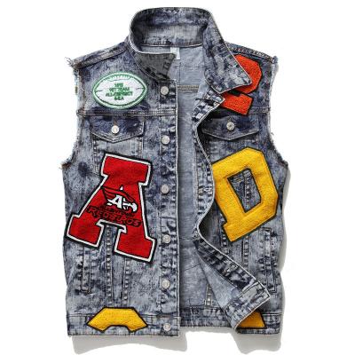 China Breathable Wholesale Denim Vest Invest Blue Embroidered Letters Mens Denim Vest for sale