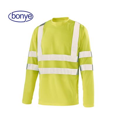 China HIVIS100% polyesterbirdeyeKNITTEDT-SHIRT+mesh fabric140gsmin side seam high visibility 100% polyester birdeye knitted long sleeve crew neck T-SHIRT safety wear for sale