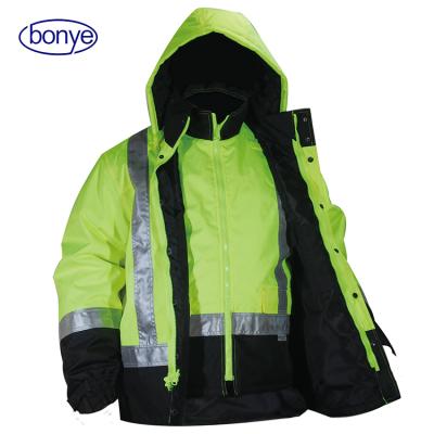 China 300D Ribstop with PU coated+120gsm quilted padding (4 in 1) waterproof breathable reflective safety jacket from China factory for sale