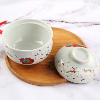 China Porcelain Tableware Japanese Style Viable Individual Ceramic Soup Bowl with Stew Ceramic Tableware Lid Steamer Bowl Breakfast Pot for sale