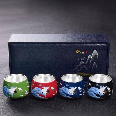 China Pure silver color and color enamel coffee ceramic tea cup set with real pure silver inside arabic porcelain tea coffee cups set with gift box for sale