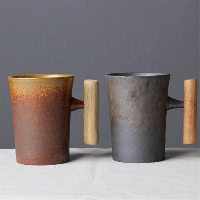 China Viable Japanese Vintage Mugs Drinkware Rust Luster Ceramic Coffee Mug With Wooden Handle Japanese Ceramic Mug for sale