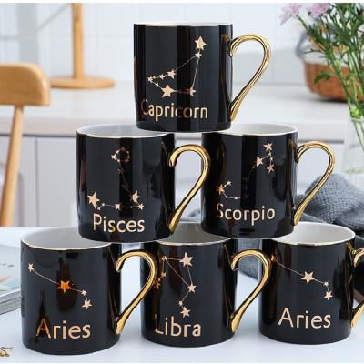 China Viable Bone China Twelve Constellations Zodiac Mug Gold Handle Ceramic Latte Cup With Spoon LOGO Ceramic Mug Coffee Cups Custom Cover for sale