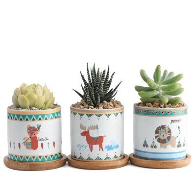 China Wholesale Modern Home Decoration Colorful Nordic Style Indoor Garden Planters Cheap Ceramic Flower Pots With Bamboo Tray Mat for sale