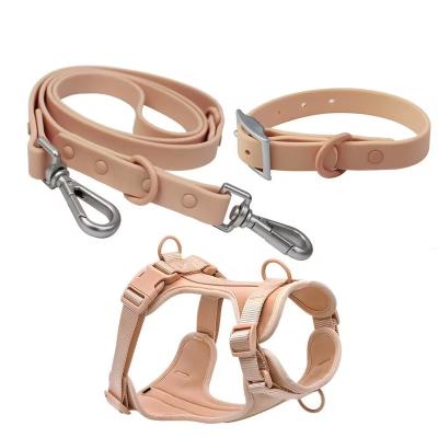 China Padded Adjustable Waterproof Soft PVC Coated Strap Dog Collar Leash Dog Harness Sets for sale