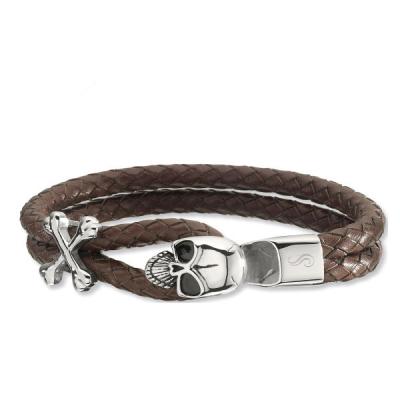 China Hot sale mens skull stainless steel braided brown bracelet leather for sale