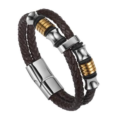 China High quality body jewelry double stainless steel woven leather bracelet with magnetic clasp for sale