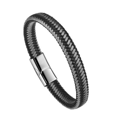 China High Quality Leather and Stainless Steel Wire Braided wrap bangle Bracelet with magnetic clasp for sale