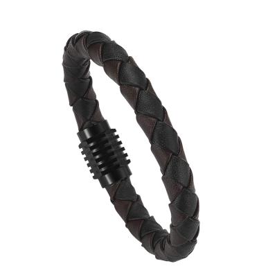 China Hot stainless steel magnet buckle leather rope bracelet men custom leather bracelet for sale